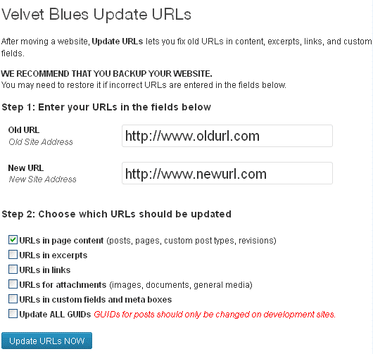 Die Benutzeroberfläche des Velvet Blues Update URLs Plugins