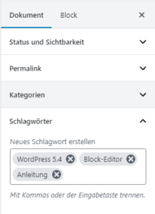Schlagwörter im Block-Editor