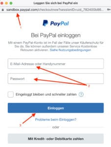 Im WooCommerce-Shop mit den Sandbox-Daten des Typs "Personal" bei PayPal anmelden um einen Testkauf zu tätigen
