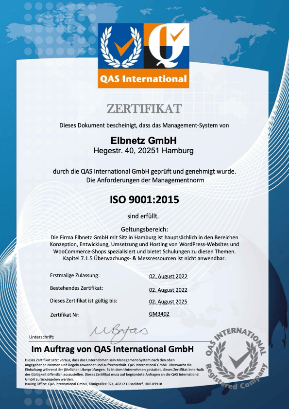 ISO 9001 Zertifikat WordPress Agentur Elbnetz