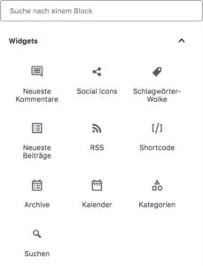 Block-Bibliothek mit aufgeklapptem Widgets-Bereich im WordPress-Block-Editor