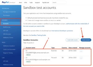 Dashboard der Developer-PayPal-Seite mit der Sandbox-Account-Einstellung