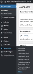 Die Verwaltung der wiederverwendbaren Blöcke im WordPress Backend unter Werkzeuge > Blöcke finden