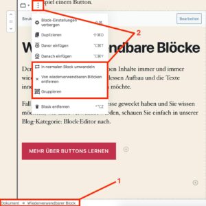 Ein wiederverwendbarer Block mit seinen Optionen in der Block-Werkzeugleiste des Block-Editors