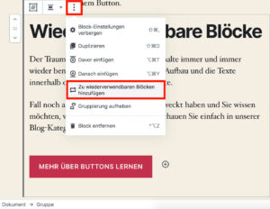 Eine Gruppe zu wiederverwendbaren Blöcken hinzufügen im Block-Editor