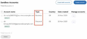 Sandbox-Account generieren mit den Typ Business und Personal