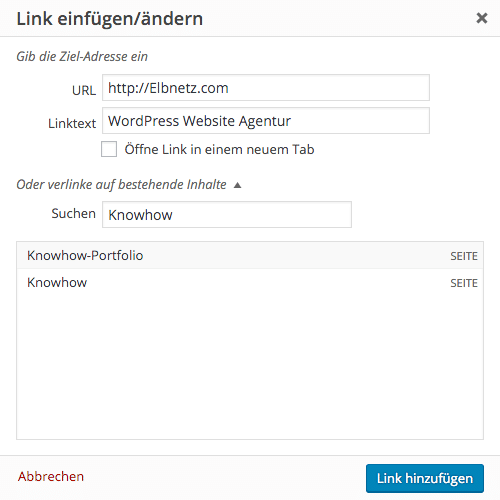 WordPess-Optionen für Link einfügen/ändern