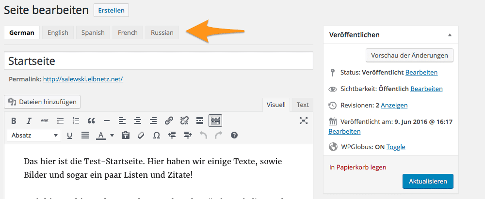 Eine Seite in WPGlobal uebersetzen