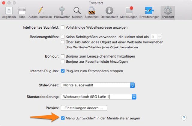 Entwicklertools in Safari