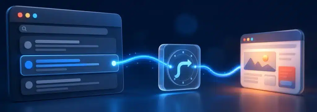 3D-Illustration zum Thema Google Goto-Links: Ein stilisierter Klickpfad führt von einer Suchergebnisliste über eine Zwischenstation zur Zielwebsite, als Sinnbild für die neue Umleitungskette in den Google-Suchergebnissen. 3D-Illustration zum Thema Google Goto-Links: Ein stilisierter Klickpfad führt von einer Suchergebnisliste über eine Zwischenstation zur Zielwebsite, als Sinnbild für die neue Umleitungskette in den Google-Suchergebnissen.