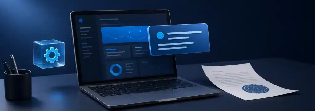 3D-Illustration zum Thema KI-Kennzeichnung Design: ein Laptop mit Website-Oberfläche, ein schwebendes Textlabel und ein Dokument mit Siegel als Symbole für Transparenzpflicht und Gestaltung 3D-Illustration zum Thema KI-Kennzeichnung Design: ein Laptop mit Website-Oberfläche, ein schwebendes Textlabel und ein Dokument mit Siegel als Symbole für Transparenzpflicht und Gestaltung