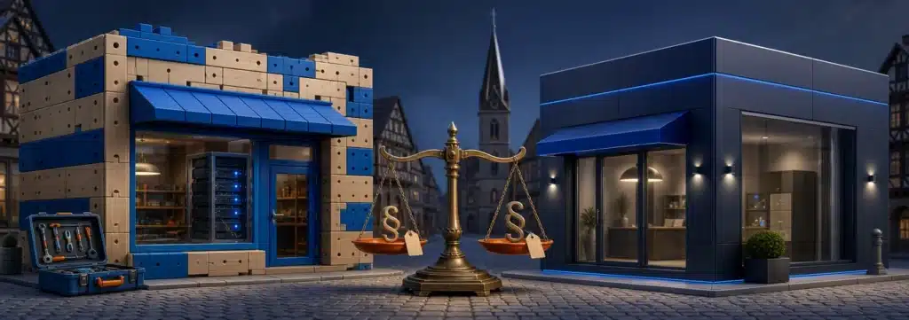 Zwei unterschiedlich gebaute Ladenfronten – modular zusammengesteckt und glatt aus einem Guss – mit einer Waage dazwischen an einer deutschen Straße, symbolisch für die Entscheidung WooCommerce deutscher Markt oder Shopify