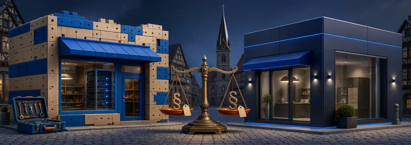 Zwei unterschiedlich gebaute Ladenfronten – modular zusammengesteckt und glatt aus einem Guss – mit einer Waage dazwischen an einer deutschen Straße, symbolisch für die Entscheidung WooCommerce deutscher Markt oder Shopify