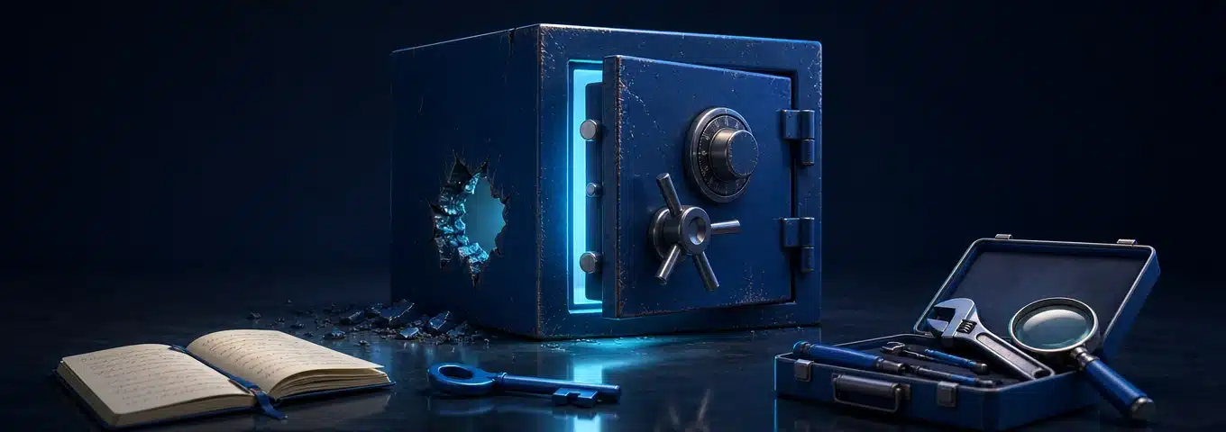 Geöffneter digitaler Tresor mit Notizbuch, Schlüssel und Werkzeugkoffer – WordPress gehackt Notfallplan als geordnete Soforthilfe dargestellt