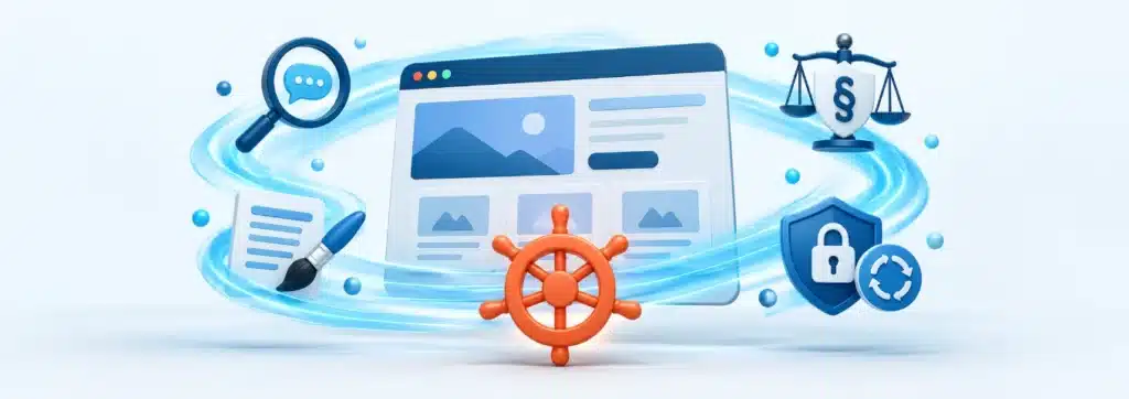 Wie die KI Ihre Website verändert – Sichtbarkeit, Inhalte, Recht, Sicherheit Browserfenster einer Website im hellblauen Wirbel mit Symbolen für Sichtbarkeit, Inhalte, Recht und Sicherheit, davor ein oranger Regler