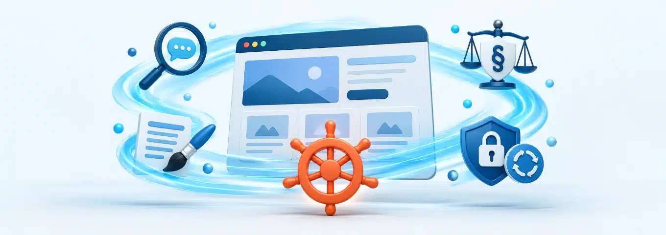 Browserfenster einer Website im hellblauen Wirbel mit Symbolen für Sichtbarkeit, Inhalte, Recht und Sicherheit, davor ein oranger Regler