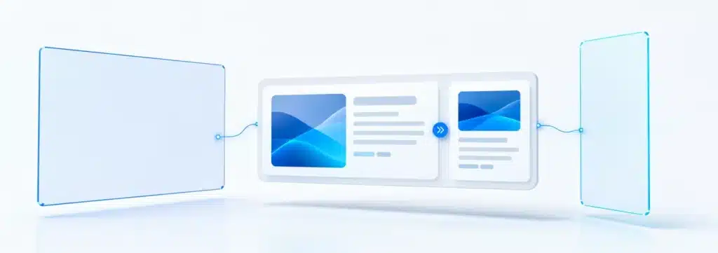 Modularer UI-Baustein passt sein Layout automatisch an zwei unterschiedlich breite Spalten an – eine Visualisierung des Prinzips von CSS Container Queries.