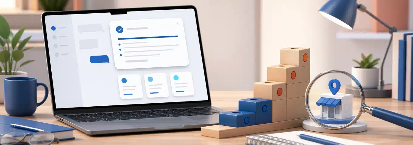 3D-Illustration zur GEO Einstieg Anleitung: Ein Laptop zeigt eine KI-Antwort mit Quellenkärtchen, daneben eine Lupe über einem Firmenmodell und eine Treppe aus Bausteinen als Sinnbild für die Schritte