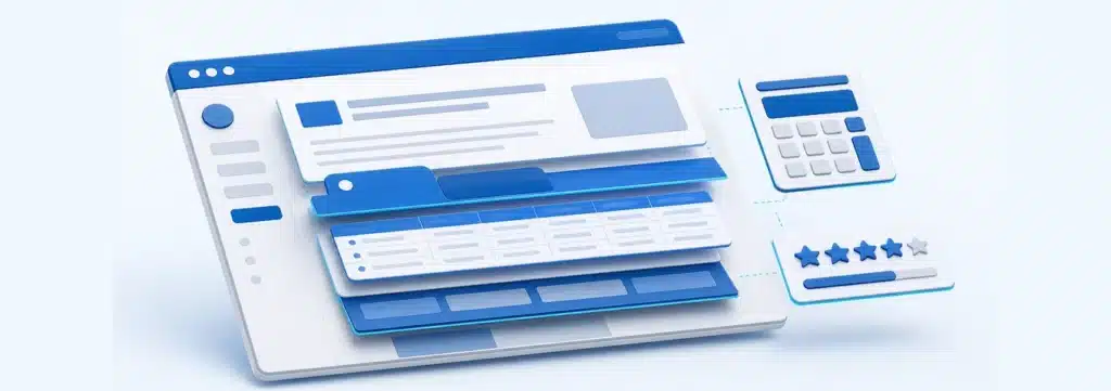 Dreidimensionale Explosionsdarstellung einer Webseite mit sichtbaren Schichten wie Tabs, Rechner und Bewertungen als Helpful Content Hauptinhalte Dreidimensionale Explosionsdarstellung einer Webseite mit sichtbaren Schichten wie Tabs, Rechner und Bewertungen als Helpful Content Hauptinhalte