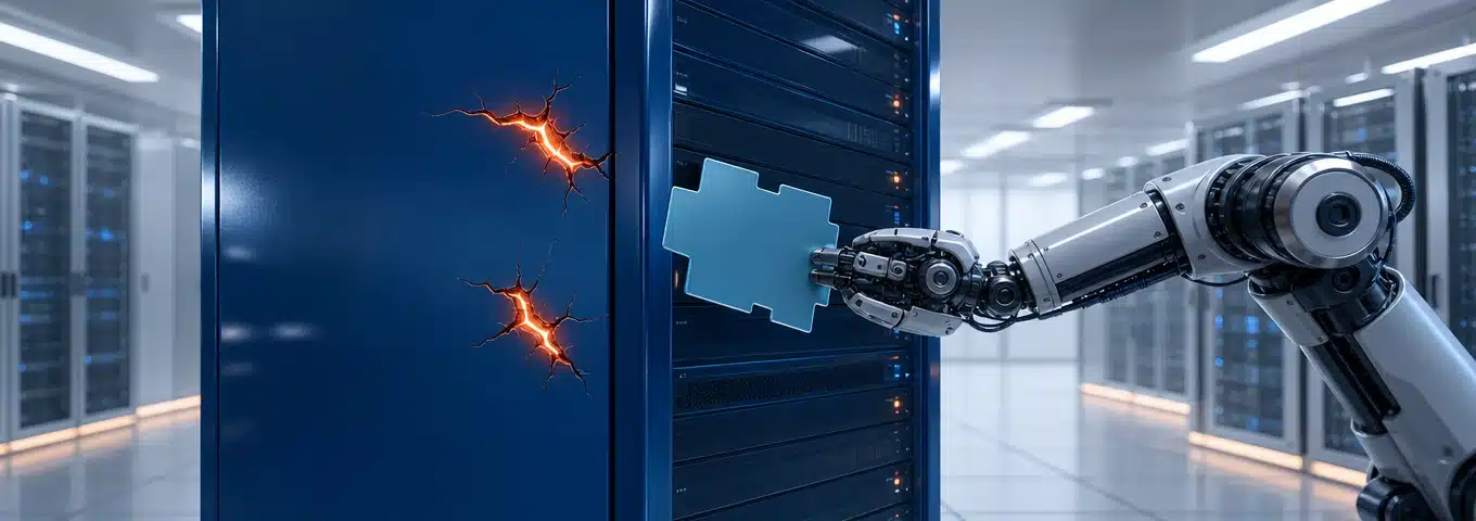 3D-Illustration eines Servers mit sichtbaren PHP-Sicherheitslücken, die durch orangefarbene Risse dargestellt werden, während ein Roboterarm einen Sicherheits-Patch anbringt 3D-Illustration eines Servers mit sichtbaren PHP-Sicherheitslücken, die durch orangefarbene Risse dargestellt werden, während ein Roboterarm einen Sicherheits-Patch anbringt