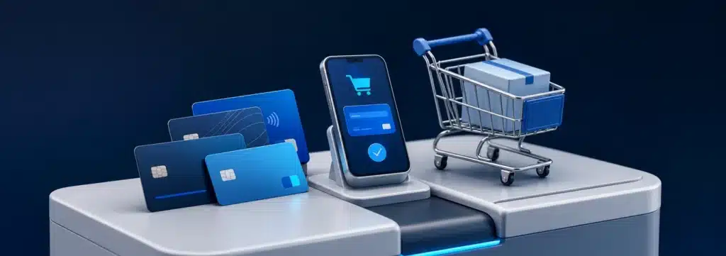 Stilisierter 3D-Kassentisch mit Zahlungskarten und Smartphone – WooCommerce Zahlungsanbieter Deutschland im Überblick