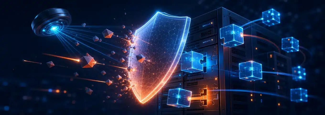 3D-Illustration zu WordPress Update-Zyklen: ein Schutzschild vor einer Serverstruktur fängt eintreffende Bedrohungen ab, während leuchtende Update-Pakete sich in die Architektur einfügen